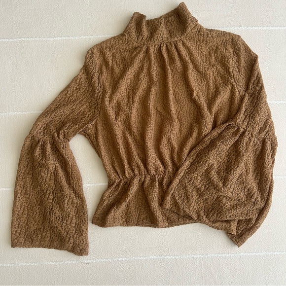 Crimson Brown Textured bell sleeve, high neck, peplum waist blouse - medium EUC - Picture 2 of 6